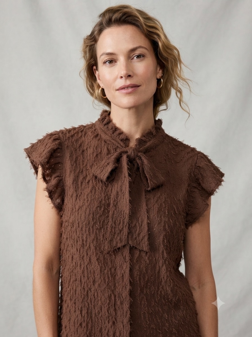 Brown Cottagecore Eyelash Knit Fuzzy Textured Top Autumn Cozy Tie Neck Large NWT